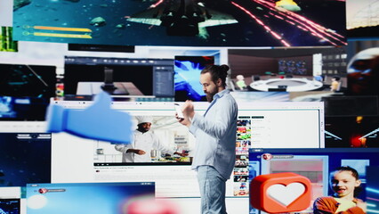 Social media user feels happy connecting on multiple social network apps, real time engagement and online entertainment. Multitasking during free time for communication. Camera B.