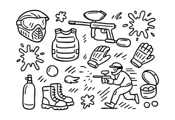 A comprehensive collection of hand-drawn paintball elements, featuring a player in action, gear, and paint splatters &mdash; stock vector.