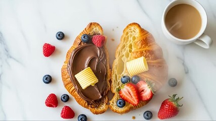 A visually appealing overhead shot captures a freshly baked, golden-brown croissant split open on a pristine white marble surface. One half is generously topped with a rich, smooth chocolate spread an
