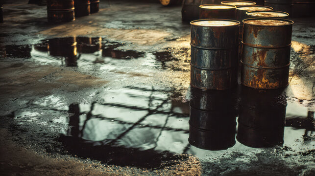 Rusted metal barrels standing on a wet industrial concrete floor with puddles reflecting surrounding structures in a dimly lit warehouse setting