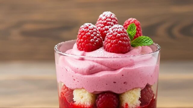 A visually appealing layered dessert in a glass, featuring vibrant red raspberries, fluffy pink mousse, soft sponge cake pieces, and a creamy white base. Garnished with fresh raspberries, a delicate m