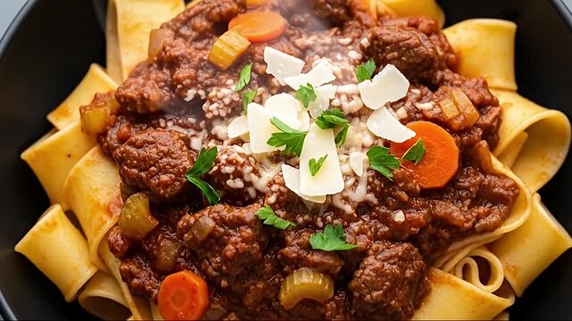 A visually appealing overhead shot captures a generous serving of freshly prepared wide pasta topped with a rich, simmering meat sauce. The robust red-brown sauce is studded with savory ground meat, t