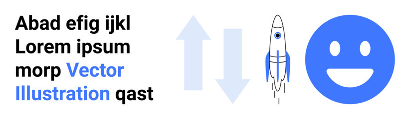 Business growth, motivation, technology, success, positivity, decision-making. Rocket icon with arrows pointing up and down near a smiling face. Business growth and motivation concept