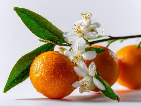 Fresh mandarins with white blossoms and green leaves on a clean white background