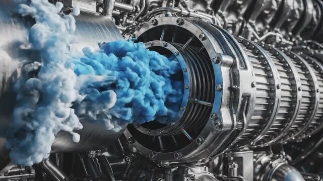 Powerful jet engine emitting blue smoke