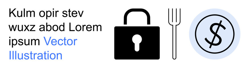 Digital security, financial systems, dining payment systems, encryption, savings, budget planning. A lock, fork and dollar sign inside a circle. Security and financial systems concept