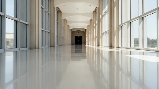 A wide, empty, modern hallway stretches into the distance, showcasing sleek, minimalist architectural design. Bright natural light streams through expansive floor-to-ceiling windows on both sides, cas