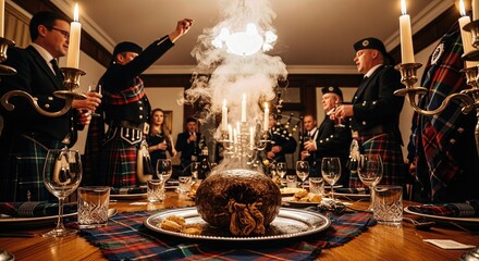 Burns Night celebration: Scottish gentlemen toast. A ceremonial gathering enjoying traditional highland dress, steaming haggis, bright candelabras, and bagpipe performance.