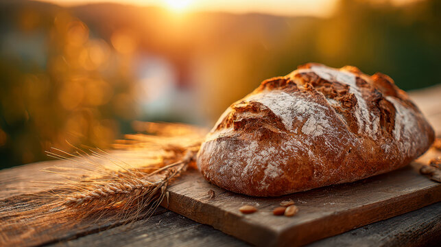 Rustic freshly baked artisanal loaf of crusty bread resting on a wooden board with wheat stalks under warm golden sunlight at sunset in a natural outdoor setting