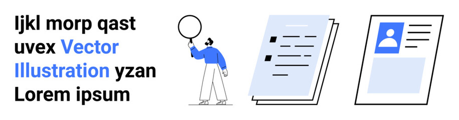 Man holding magnifying glass near stacked documents and user profile card beside sample placeholder text. Ideal for business, research, analysis, presentation, profile design, education, simple