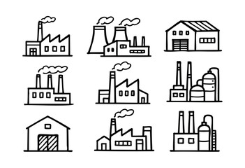 Fototapeta premium A collection of simple, hand-drawn outline icons representing various industrial buildings like factories, power plants, and warehouses — stock vector.