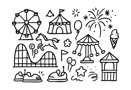 A charming collection of hand-drawn amusement park and carnival elements, including iconic rides, treats, and festive decorations, perfect for playful designs &mdash; stock vector.