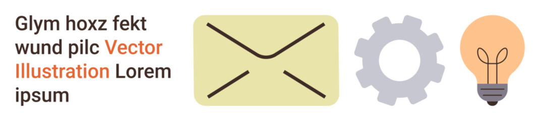 Communication, technology, innovation, messaging, development, productivity. Yellow envelope, gray gear and orange light bulb icons. Communication and technology concept for diverse applications