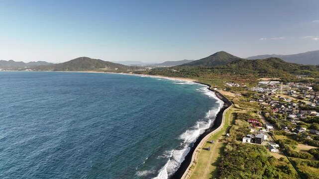 Keya no Ohto Cliffs, Shimakeya, Itoshima, Fukuoka, Japan: 4K Aerial Drone Footage of Japanese Rocky Coastline, Rural Beach, Countryside Houses, Estates, Mountain Forests, Farmlands