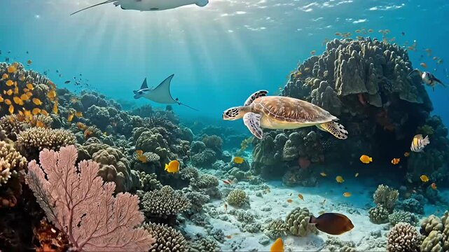 Immerse yourself in the breathtaking beauty of a vibrant coral reef ecosystem, where graceful sea turtles glide effortlessly alongside majestic manta rays. A dazzling array of colorful tropical fish, 
