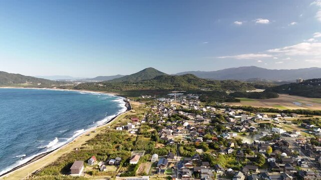 Shimakeya, Itoshima, Fukuoka, Japan: 4K Aerial Drone Footage of Japanese Rocky Coastline, Keya no Ohto Cliffs, Rural Beach, Countryside Houses, Estates, Mountain Forests, Farmlands