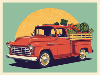 Flat Retro truck loaded with fresh vegetables farm vector
