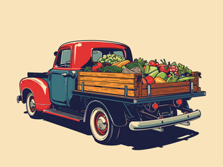 Flat Retro truck loaded with fresh vegetables farm vector