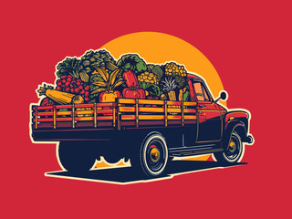 Flat Retro truck loaded with fresh vegetables farm vector
