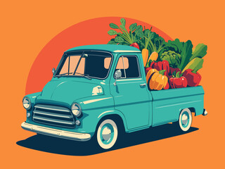 Flat Retro truck loaded with fresh vegetables farm vector