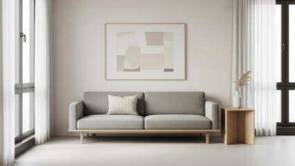 Minimalist flat lay with white sneakers, accessories, and succulent on gray background