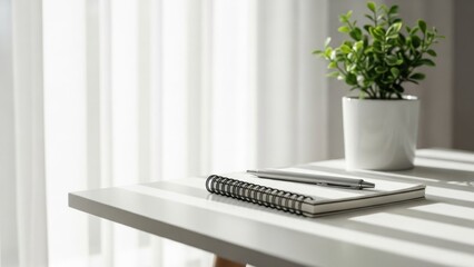 Minimalist conference room with white table and chairs in bright sunlight
