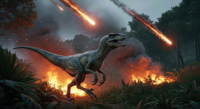 A Raptor runs through dense foliage in a forest. Meteors are falling from the sky. The ground is on fire. It seems to be during the Cretaceous-Paleogene extinction event