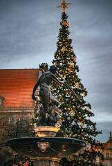 Fountain of Neptune and Christmas Tree in Gdansk, Poland