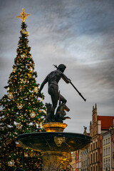 Fountain of Neptune and Christmas Tree in Gdansk, Poland