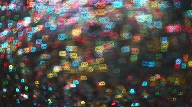 Abstract colorful bokeh background with glowing envelope icons, representing digital communication, email notifications, messaging, data flow and modern technology concept.