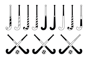 Collection of hockey sticks and balls, various designs and styles, black and white illustration