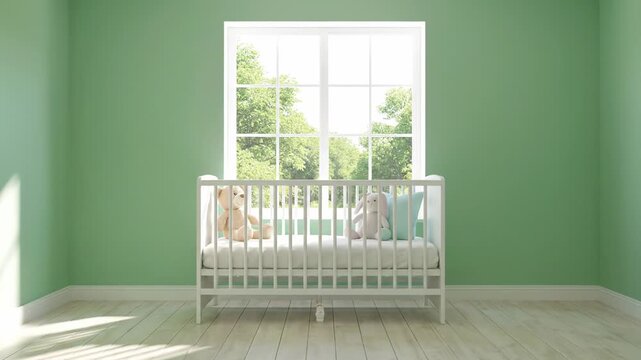 An empty room transforms into a cozy baby nursery. Green walls and a white crib create a peaceful space.