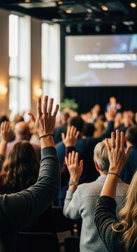 Devoted congregants raise hands in prayerful worship, expressing profound faith. This spiritual gathering within their church community embodies collective religion and denominational unity.