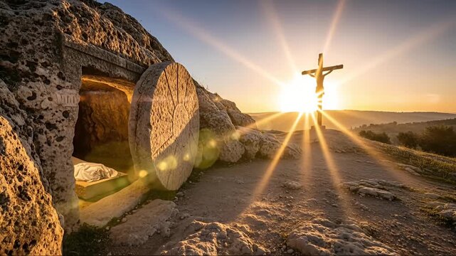 This evocative wide shot captures a profound scene at dawn or dusk, featuring an ancient rock-hewn tomb with its circular stone door rolled open, revealing an empty burial chamber containing draped wh