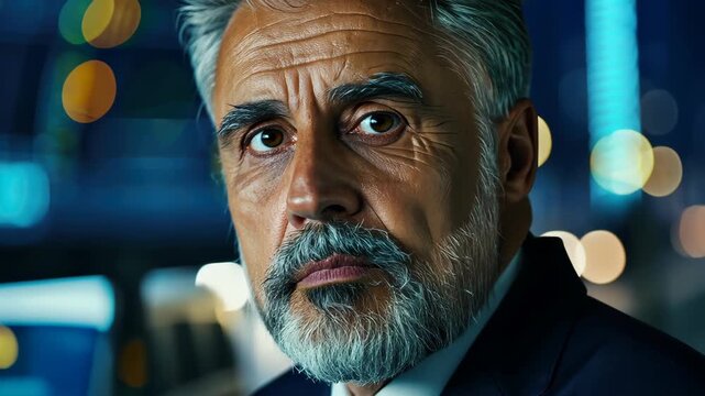 Focused Serenity: A poised, gray-haired man embodies dignified composure amidst the vibrant bokeh of a city at night. He stares directly at the viewer with an introspective gaze.
