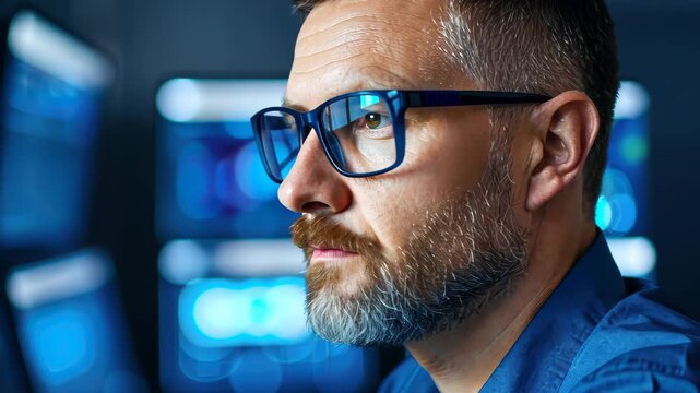 Focused Analysis: A dedicated professional with glasses, eyes glued on digital interfaces, demonstrating a commitment to technological intricacies in a modern, data-driven workplace.