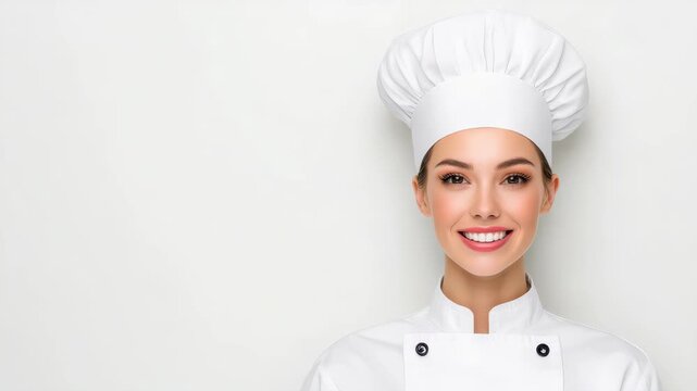 Culinary Artist: A radiant culinary artist, adorned in a classic chef's attire, exudes confidence with a captivating smile, embodying passion, skill, and culinary finesse.