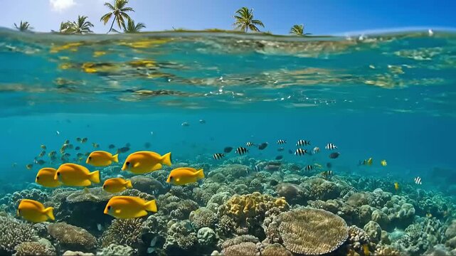 This stunning over-under shot beautifully captures the serene harmony of a pristine tropical island paradise. Above the crystal-clear water, a brilliant blue sky hovers over a idyllic white sand beach