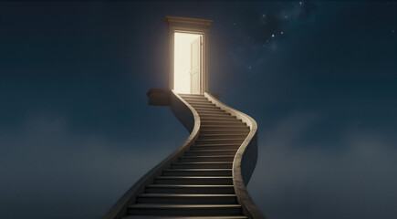 a staircase leading up to an open door at night. The staircase is made of concrete and has a curved design. The door is lit up with a bright light, casting a warm glow on the stairs