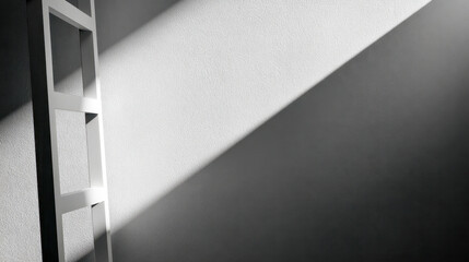 White ladder casting long shadow on textured wall with dramatic diagonal sunlight creating minimalist geometric contrast in black and white space