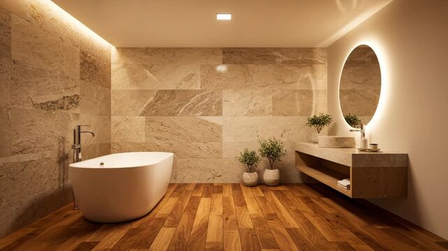 Watch an empty space transform into a beautifully designed, modern bathroom. It features natural stone, warm wood, and elegant fixtures.