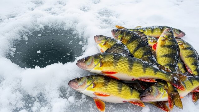 A trophy fish caught from under the ice, lying near the hole.