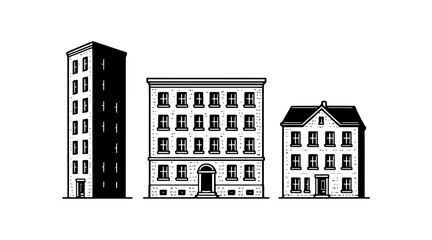 Black and white illustration of three different buildings on a white background