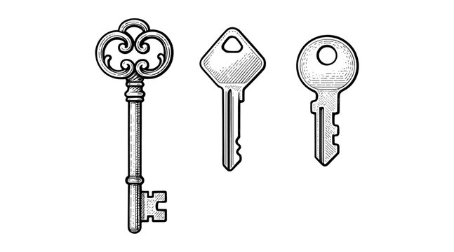 Vintage keys illustration in black and white, perfect for design projects