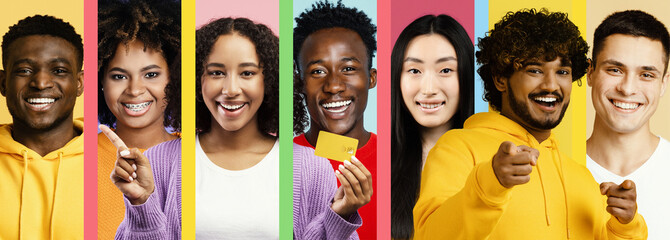 A vibrant collage shows diverse individuals smiling and having fun. They are wearing bright...