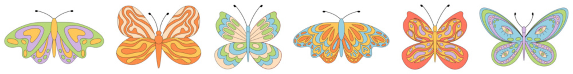 Groovy y2k butterfly seamless border in funky and colorful 70s pattern style. Wavy shapes with retro flair create a vintage decorative motif, ideal as a trendy textile or wallpaper accent.