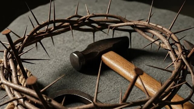 Close Up Composition of a Crown of Thorns Hammer and Pliers on a Textured Gray Surface in Dramatic Lighting