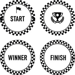 Racing emblems start winner finish and trophy symbols in checkered circles