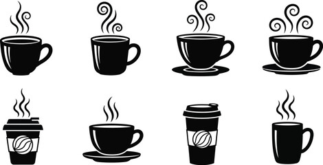 A collection of black and white coffee cups and a to go beverage container