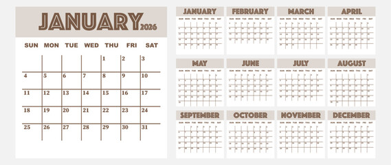 Vector illustration. Calendar for 2026. Week starts on Sunday. Calendar ready for printing. Has 12 months. Stationery design concept.